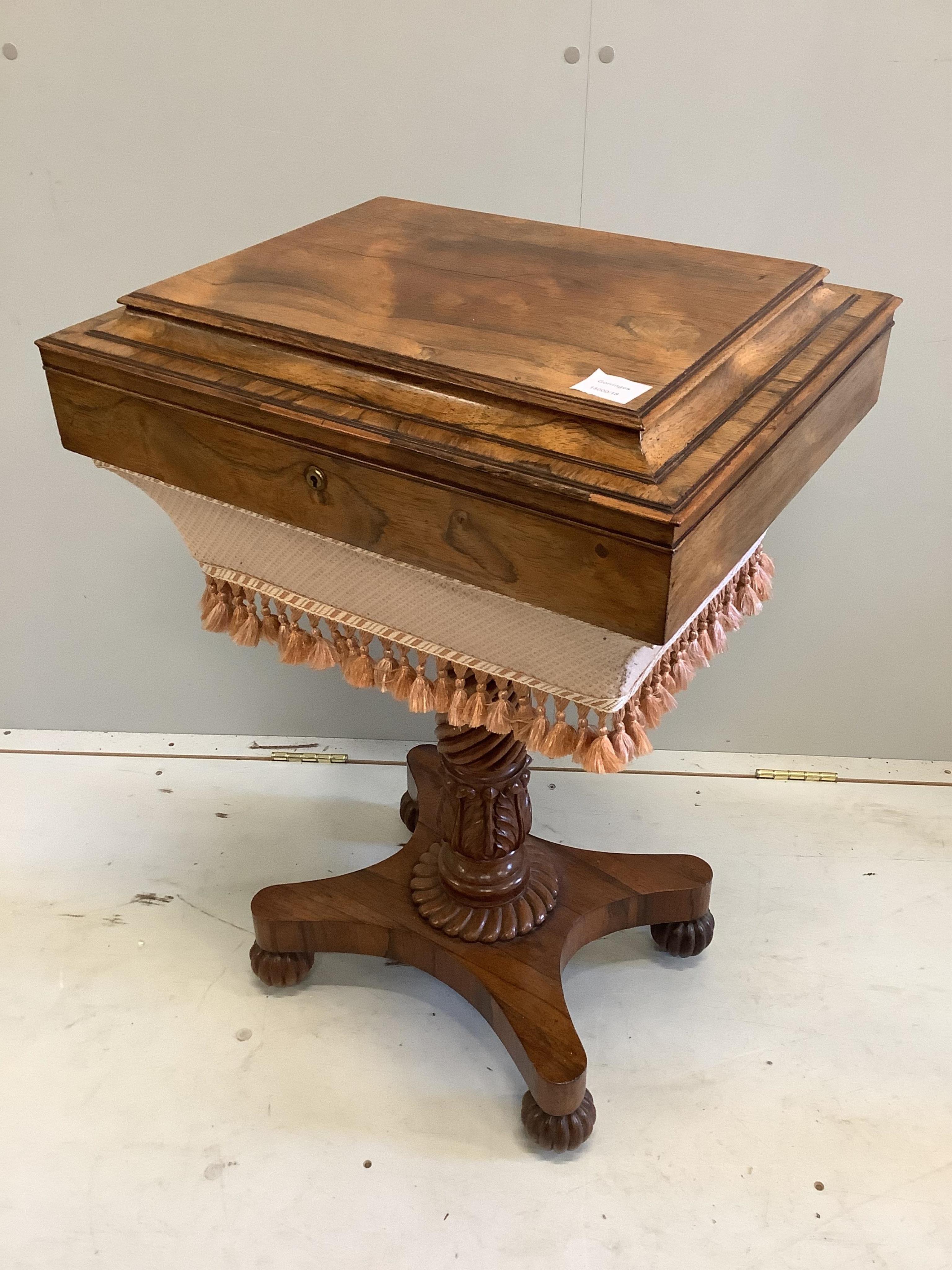 A William IV rosewood work table, width 53cm, depth 43cm, height 80cm. Condition - good